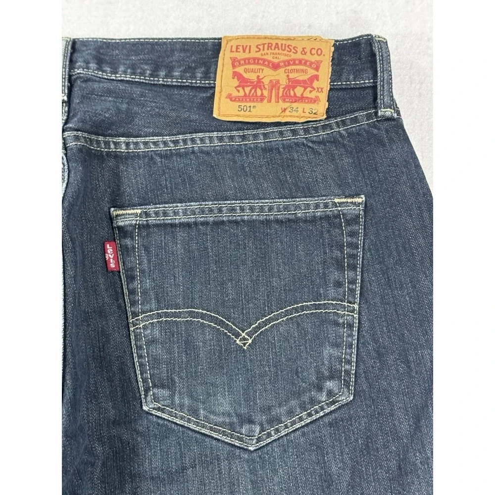 Levis 501 Jeans Men 34x32 Button Fly Dark Wash‎ Blue Denim Straight Original Fit
